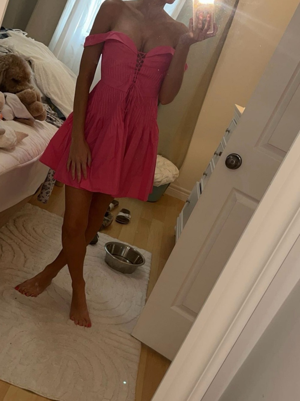 Hello Molly Hot Pink Off-Shoulder Lace-Up Mini Dress